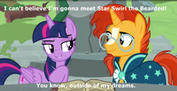 Size: 1767x909 | Tagged: safe, edit, edited screencap, screencap, sunburst, twilight sparkle, twilight sparkle (alicorn), alicorn, pony, unicorn, shadow play, caption, clothes, female, image macro, implied shipping, male, mare, meme, stallion