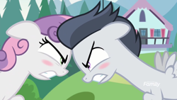 Size: 1920x1080 | Tagged: safe, edit, edited screencap, screencap, rumble, sweetie belle, pegasus, pony, marks and recreation, angry, argument, blushing, camp friendship, colt, discovery family logo, female, gritted teeth, male, rumbelle, shipping, straight