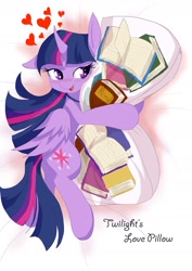 Size: 1080x1528 | Tagged: safe, artist:definisher, twilight sparkle, twilight sparkle (alicorn), alicorn, bed, bibliophile, blushing, body pillow, book, cargo ship, curved horn, female, floppy ears, heart, shipping, solo, that pony sure does love books, twibook