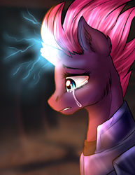 Size: 1479x1911 | Tagged: dead source, safe, artist:not-ordinary-pony, tempest shadow, pony, unicorn, my little pony: the movie, armor, broken horn, bust, cheek fluff, crying, ear fluff, female, glowing horn, mare, portrait, profile, sad, solo