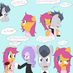 Size: 1600x1600 | Tagged: safe, artist:jake heritagu, diamond tiara, rumble, scootaloo, oc, oc:lightning blitz, pegasus, pony, comic:ask motherly scootaloo, baby, baby pony, blue background, clothes, colt, comic, dialogue, dress, female, hairpin, holding a pony, hug, male, mother and child, mother and son, motherly scootaloo, offspring, older, older diamond tiara, older rumble, older scootaloo, parent and child, parent:rain catcher, parent:scootaloo, parents:catcherloo, rumbloo, shipping, simple background, speech bubble, straight, tongue out, tuxedo