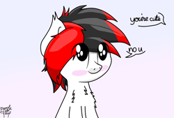 Size: 1138x768 | Tagged: safe, artist:kimjoman, oc, oc only, oc:tiorafa, earth pony, pony, blushing, cute, gradient background, looking up, male, paint tool sai, shy, sitting, solo, text