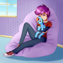 Size: 2300x2300 | Tagged: safe, artist:focusb, scootaloo, human, bean bag chair, clothes, converse, cute, cutealoo, eyes closed, female, happy, hug, humanized, implied rainbow dash, pants, plushie, shoes, smiling, sneakers, toy