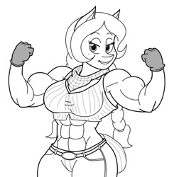 Size: 826x844 | Tagged: safe, alternate version, artist:matchstickman, oc, oc only, oc:honey suckle, anthro, abs, anthro oc, armpits, biceps, clothes, flexing, gloves, jeans, lidded eyes, midriff, monochrome, muscles, pants, pose, solo