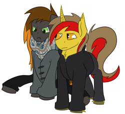 Size: 5328x4856 | Tagged: safe, artist:unpeeledwasp, oc, oc only, oc:caz, oc:gearlock, pegasus, pony, unicorn, absurd resolution, clothes, coat, scarf, simple background, transparent background