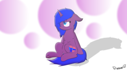 Size: 2600x1463 | Tagged: safe, artist:kiwipone, oc, oc only, oc:midnight, unicorn, alternate artstyle, colored pupils, cute, drawn by mouse, female, floppy ears, frog (hoof), gift art, mare, one eye closed, shading, simple background, sitting, smiling, solo, underhoof