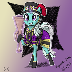 Size: 2000x2000 | Tagged: safe, artist:floofyfoxcomics, cornetta, pony, unicorn, triple threat, background pony, clothes, cute, dress, female, glowing horn, hat, horn, levitation, magic, magic aura, mare, musical instrument, raised hoof, sketch, smiling, solo, telekinesis, trumpet, uniform