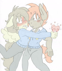 Size: 1645x1893 | Tagged: safe, artist:blackbewhite2k7, button mash, featherweight, anthro, awkward moment, blushing, clothes, feathermash, femboy, gay, heart, in a heartbeat, male, school uniform, shipping, trap