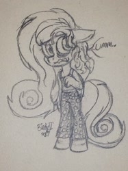 Size: 1830x2442 | Tagged: safe, artist:binkyt11, derpibooru exclusive, oc, oc only, oc:penelope, anthro, clothes, female, monochrome, nervous, pajamas, solo, traditional art