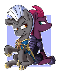 Size: 1067x1328 | Tagged: safe, artist:deadlycomics, tempest shadow, oc, oc:scope, pony, unicorn, my little pony: the movie, armor, broken horn, royal guard armor, scowl, simple background