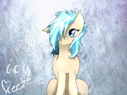 Size: 1024x768 | Tagged: safe, artist:lightning-str3k, oc, oc only, oc:icy breeze, bat pony, pony, female, hair over one eye, looking at you, mare, signature, solo, standing