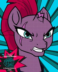 Size: 1500x1875 | Tagged: safe, tempest shadow, pony, unicorn, my little pony: the movie, broken horn, emily blunt, eye scar, female, horn, mare, modern art, movie poster, my little pony logo, official, pop art, poster, scar, solo, sunburst background