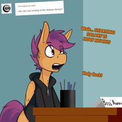 Size: 750x750 | Tagged: safe, artist:conmanwolf, scootaloo, pony, fanfic:rainbow factory, ask factory scootaloo, clothes, comic, desk, factory scootaloo, marker, mug, pen, psychopath, sociopath, vulgar