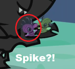Size: 281x261 | Tagged: safe, edit, edited screencap, screencap, spike, thorax, changeling, dragon, nymph, to change a changeling, caption, cropped, toy, younger