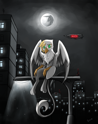 Size: 3000x3800 | Tagged: safe, artist:sinniepony, oc, oc only, griffon, airship, city, cityscape, green eyes, lonely, moon, night, russian, solo, stalliongrad, wings, zeppelin