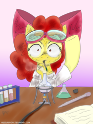 Size: 960x1280 | Tagged: safe, artist:halflingpony, apple bloom, pony, atg 2017, bunsen burner, clothes, flask, goggles, lab coat, newbie artist training grounds, potion, science, scorched, signature, smoke, solo, surprised