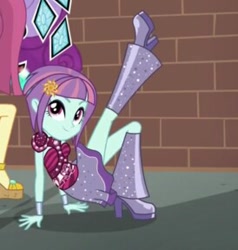 Size: 274x288 | Tagged: safe, screencap, sunny flare, dance magic, equestria girls, spoiler:eqg specials, boots, clothes, cropped, female, high heel boots, offscreen character, shoes, skirt, skirt lift, smiling