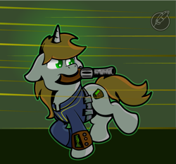 Size: 679x629 | Tagged: safe, artist:moonlightfan, oc, oc only, oc:littlepip, pony, unicorn, fallout equestria, clothes, cutie mark, fanfic, fanfic art, female, floppy ears, gun, handgun, hooves, horn, little macintosh, mare, mouth hold, optical sight, pipbuck, revolver, simple background, solo, vault suit, weapon