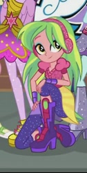 Size: 244x485 | Tagged: safe, screencap, fluttershy, lemon zest, sci-twi, sunny flare, twilight sparkle, twilight sparkle (alicorn), alicorn, dance magic, equestria girls, spoiler:eqg specials, boots, clothes, cropped, female, headphones, high heel boots, offscreen character, scitwilicorn, shoes, smiling