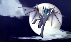 Size: 6915x4130 | Tagged: safe, artist:koatei, oc, oc only, oc:elizabat stormfeather, alicorn, bat pony, bat pony alicorn, pony, absurd resolution, alicorn oc, female, flying, mare, moon, night, solo