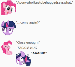 Size: 356x318 | Tagged: safe, artist:dziadek1990, pinkie pie, twilight sparkle, earth pony, pony, conversation, dialogue, emote story, emotes, hug, reddit, say what, slice of life, text