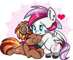 Size: 1803x1483 | Tagged: safe, artist:xwhitedreamsx, oc, oc only, oc:ramshackle, oc:rouge swirl, earth pony, pegasus, pony, blushing, chibi, colt, commission, cute, duo, ear piercing, eyes closed, female, filly, foal, goggles, heart, hug, male, ocbetes, piercing, simple background, transparent background, ych result
