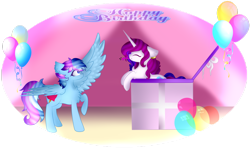 Size: 1024x614 | Tagged: safe, artist:anasflow, oc, oc only, oc:anasflow maggy, oc:shining blossom, pegasus, pony, unicorn, balloon, female, mare, party horn, present
