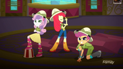 Size: 1920x1080 | Tagged: safe, screencap, apple bloom, scootaloo, sweetie belle, eqg summertime shorts, equestria girls, the canterlot movie club, boots, cinema, clothes, cutie mark crusaders, jeans, pants, shoes, skirt