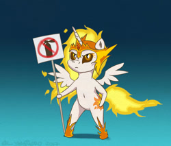 Size: 821x701 | Tagged: safe, artist:el-yeguero, daybreaker, alicorn, pony, semi-anthro, belly button, bipedal, chibi, female, gradient background, mane of fire, mare, sign, solo