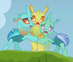 Size: 413x348 | Tagged: safe, screencap, clypeus, cornicle, changedling, changeling, to change a changeling, background changeling, cropped, scared, trio