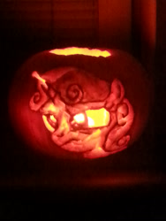 Size: 2448x3264 | Tagged: safe, artist:cmc--scootaloo, sweetie belle, twilight time, carving, concentrating, determination, determined, focus, holiday, jack-o-lantern, magic, nightmare night, nightmare night 2014, pumpkin