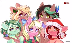 Size: 2560x1546 | Tagged: safe, artist:crybaby, oc, oc only, oc:bay breeze, oc:cherry blossom, oc:cocoa dot, oc:echeveria, oc:marigold glitter, bandana, bow, bowtie, camera shot, christmas, clothes, cute, female, group, group photo, hair bow, hat, holiday, holly, mare, neckerchief, ornament, santa hat, scarf, ych result