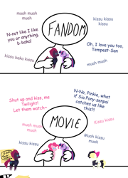 Size: 1142x1588 | Tagged: safe, artist:ravenpuff, pinkie pie, songbird serenade, tempest shadow, twilight sparkle, twilight sparkle (alicorn), alicorn, earth pony, pegasus, pony, unicorn, my little pony: the movie, armor, baka, blatant lies, broken horn, comic, comic sans, drama bait, emily blunt, eye scar, female, kissu, lesbian, mare, mwah, pointy ponies, scar, senpai, shipper on deck, shipping, sia (singer), tempestlight, tsundere, tsundere shadow, twinkie