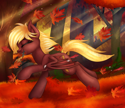 Size: 2300x2000 | Tagged: safe, artist:kruszyna25, oc, oc only, oc:picture perfect, bat pony, bird, pony, autumn, female, forest, happy, leaves, mare, running, smiling, solo, sunshine, tree, ych result