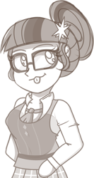 Size: 886x1671 | Tagged: safe, artist:pastelhorses, sci-twi, twilight sparkle, equestria girls, friendship games, clothes, crystal prep academy uniform, glasses, hair bun, monochrome, school uniform, simple background, sketch, smiling, solo, tongue out