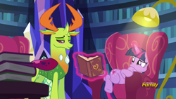 Size: 1920x1080 | Tagged: safe, screencap, thorax, twilight sparkle, twilight sparkle (alicorn), alicorn, changedling, changeling, pony, triple threat, book, chair, discovery family logo, king thorax, levitation, lidded eyes, magic, smiling, telekinesis, that pony sure does love chairs