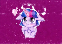 Size: 1024x728 | Tagged: safe, artist:rurihal, twilight sparkle, pony, unicorn, bust, floating heart, floppy ears, glowing horn, heart, hooves to the chest, hooves together, looking at something, looking up, magic, portrait, solo, traditional art