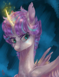 Size: 1024x1345 | Tagged: safe, artist:coconuthound, princess flurry heart, alicorn, pony, bust, frown, glowing horn, magic, older flurry heart, portrait, scar, short hair, solo, torn ear