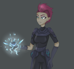 Size: 1024x951 | Tagged: safe, artist:linamigurine, tempest shadow, human, my little pony: the movie, alternate hairstyle, armor, clothes, eye scar, female, gloves, glowing hands, gray background, humanized, scar, scar on the wrong side, simple background, solo