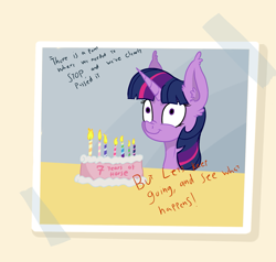 Size: 1737x1657 | Tagged: safe, artist:paskanaakka, derpibooru exclusive, twilight sparkle, unicorn, :t, cake, candle, ear fluff, empty eyes, female, food, happy birthday mlp:fim, mare, meme, mlp fim's seventh anniversary, no catchlights, nose wrinkle, smiling, solo, spilled milk, wide eyes