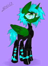 Size: 766x1043 | Tagged: safe, artist:scootaloocuteness, oc, oc only, oc:lightning spark, alicorn, alicorn oc, blue, glasses, green, suit space boots