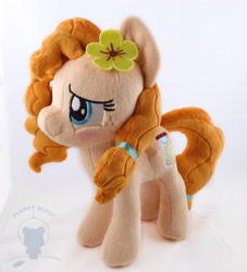 Size: 3600x3971 | Tagged: safe, artist:planetplush, pear butter, pony, the perfect pear, blushing, flower, flower in hair, irl, photo, plushie, smiling, solo