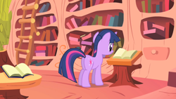 Size: 1280x720 | Tagged: safe, screencap, twilight sparkle, unicorn twilight, unicorn, party of one, butt, female, golden oaks library, plot, solo, twibutt