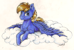 Size: 2469x1698 | Tagged: safe, artist:gaelledragons, oc, oc only, oc:cloud quake, pegasus, pony, cloud, male, prone, solo, stallion, traditional art