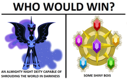 Size: 1024x638 | Tagged: safe, edit, nightmare moon, elements of harmony, exploitable meme, meme, text, this will end in pain, who would win