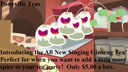 Size: 1280x720 | Tagged: safe, edit, edited screencap, screencap, pony, discordant harmony, advertisement, box, ginseng teabags, singing, tea shop