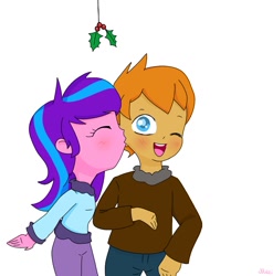 Size: 880x889 | Tagged: safe, artist:chautung, oc, oc only, oc:chaos control, oc:melody aurora, human, hybrid, equestria girls, blushing, chaody, female, holly, holly mistaken for mistletoe, interspecies offspring, kiss on the cheek, kissing, male, oc x oc, offspring, offspring shipping, one eye closed, parent:discord, parent:flash sentry, parent:fluttershy, parent:twilight sparkle, parents:discoshy, parents:flashlight, shipping, signature, straight, winter outfit