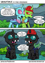 Size: 885x1220 | Tagged: safe, artist:pony-berserker, oc, oc only, oc:berzie, oc:dopple, changedling, changeling, changedling oc, clothes, comic, costume, dialogue, helmet, speech bubble