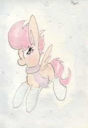 Size: 692x998 | Tagged: safe, artist:slightlyshade, scootaloo, pony, clothes, scarf, snow, socks, solo, traditional art