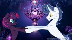 Size: 1284x720 | Tagged: safe, artist:shootingstaryt, artist:spectrumnightyt, oc, oc only, oc:nebula spark, oc:spectrum night, seapony (g4), my little pony: the movie, duo, eye contact, female, holding hooves, looking at each other, magical lesbian spawn, male, next generation, offspring, parent:rarity, parent:soarin', parent:tempest shadow, parent:twilight sparkle, parents:soarity, parents:tempestlight, seaponified, seaquestria, species swap, watermark